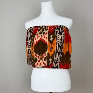 Poetry Ikat Print Strapless Tube Top Smocked Rayon Brown Red Orange M